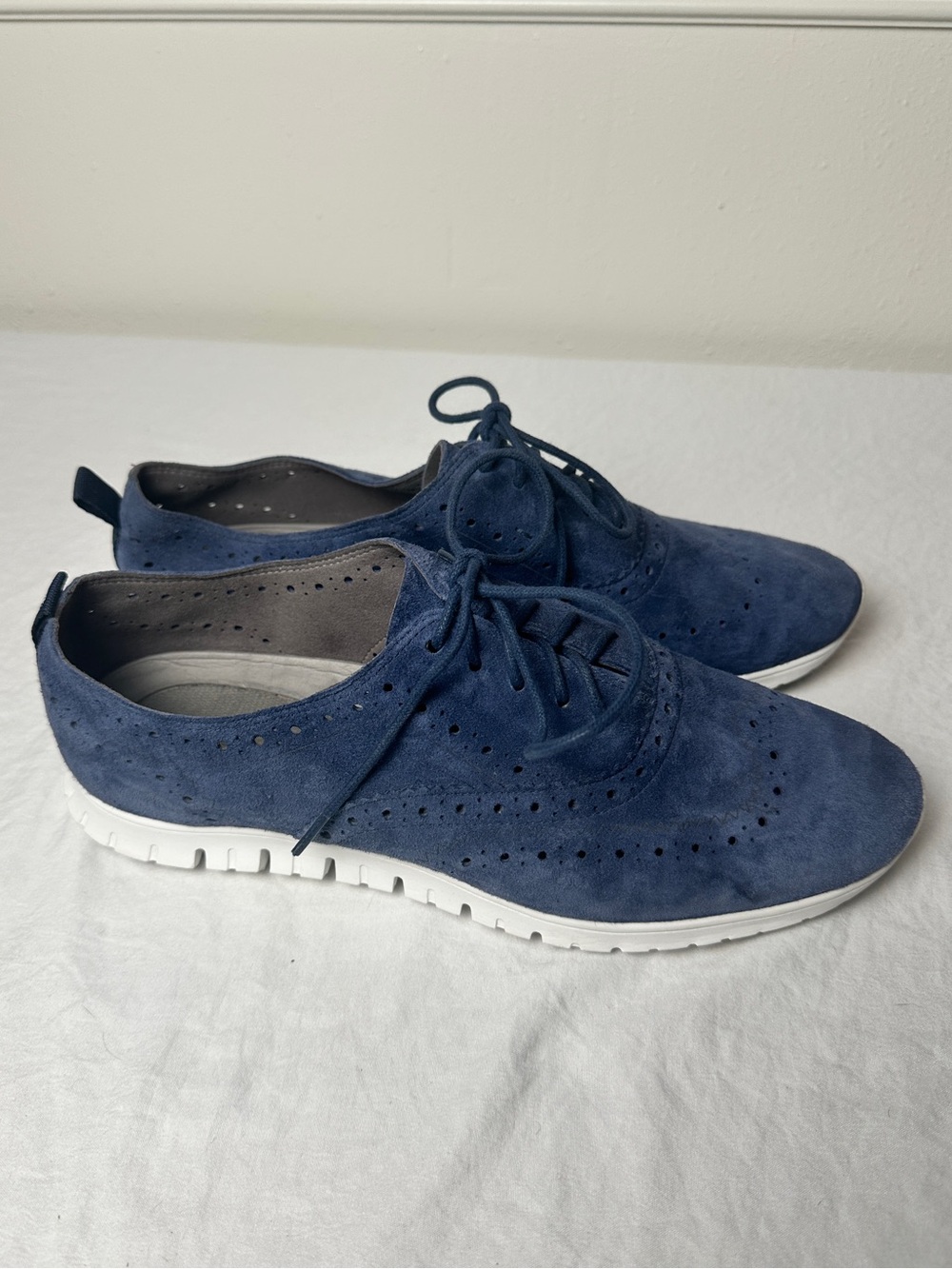 Cole Haan Navy Suede Perforated Lace-Up Oxfords with White Sole